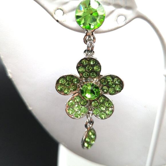 Peridot Green Crystal Necklace Clip Earrings Set, Rhinestones Crystals, 17" & 2" - Picture 8 of 11